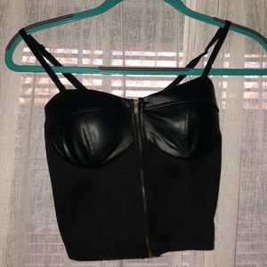 black faux leather zip front corset